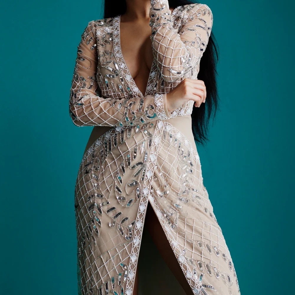 Embellished Deep V-Neck Long Sleeve Dress in Nude